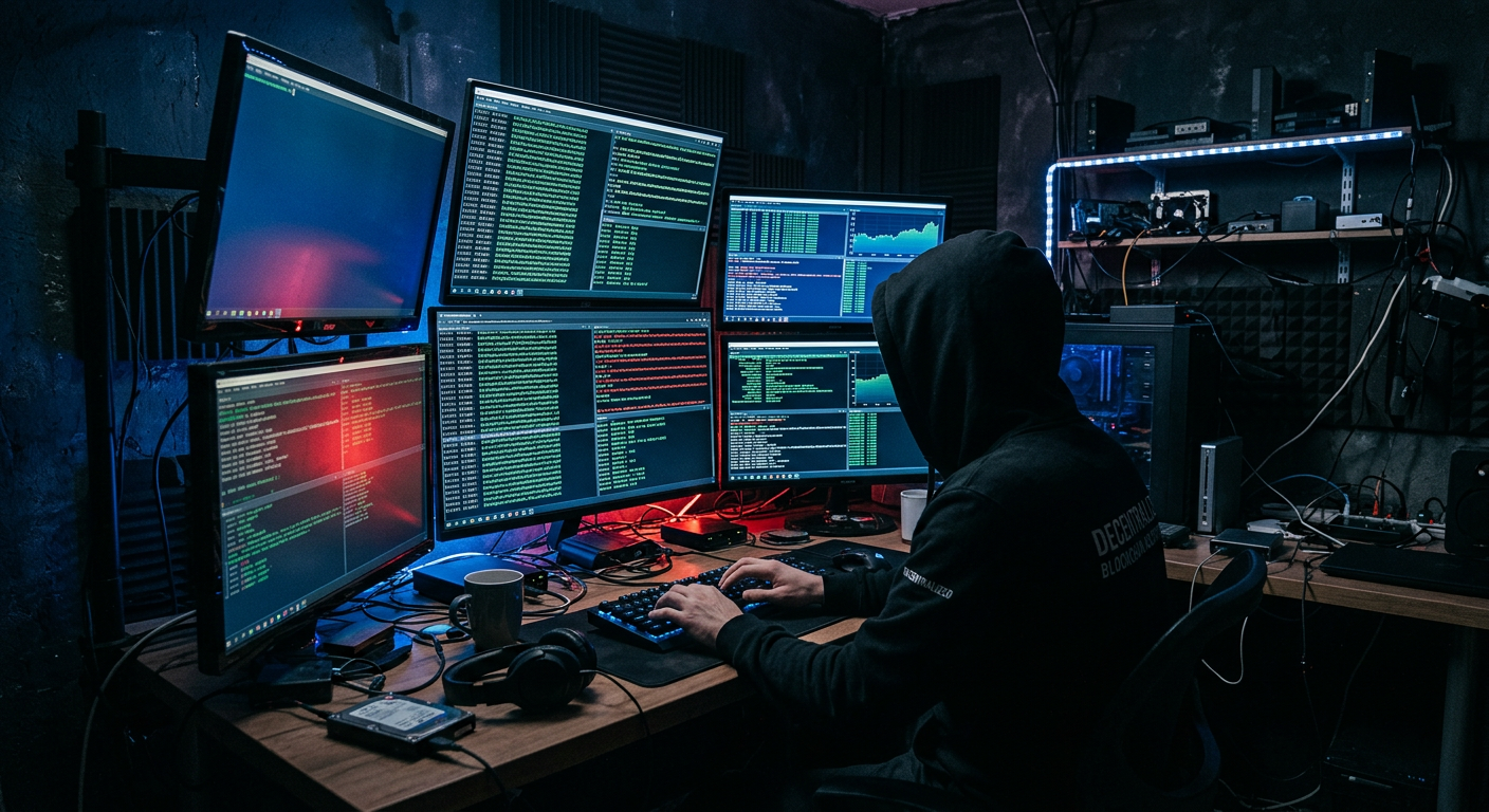 Hacker at multiple screens with cryptocurrency data β representing the threats Verytrust protects against